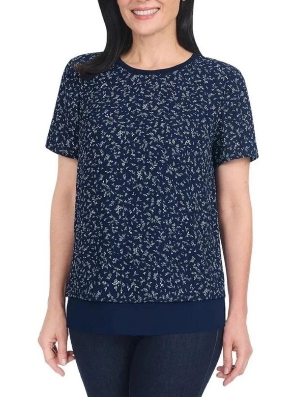NWT Hilary Radley Women's Top M Blue Floral Short Sleeve Layer ChiffonBlouse